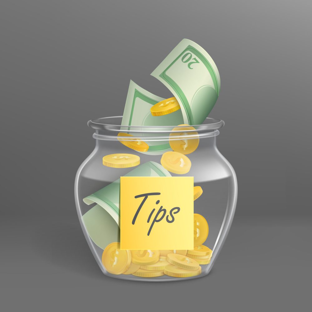 Transparent money box for tips full of dollars cash. Vector realistic glass jar with sticker label with gold coins and banknotes for gratuity, donation, charity isolated on grey background
