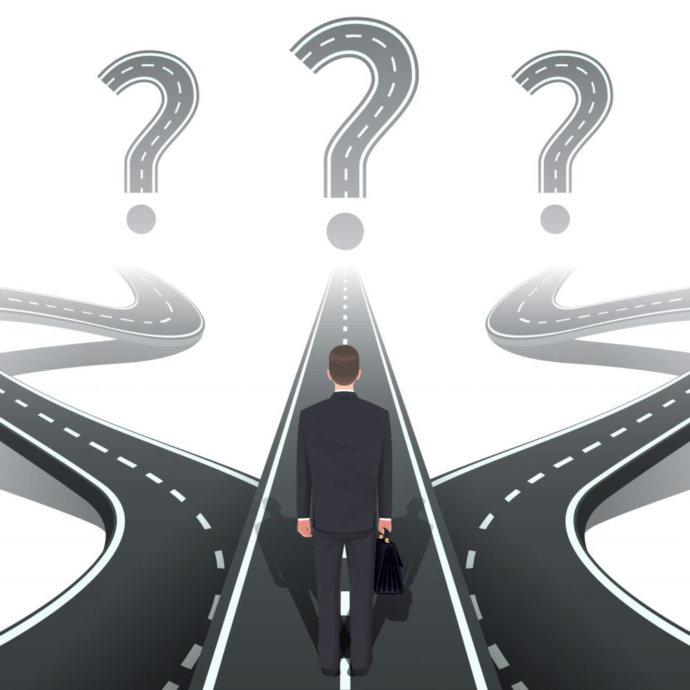Businessman in front of question with roads. Crossroad and dilemma, choose three, choice and intersection, vector illustration